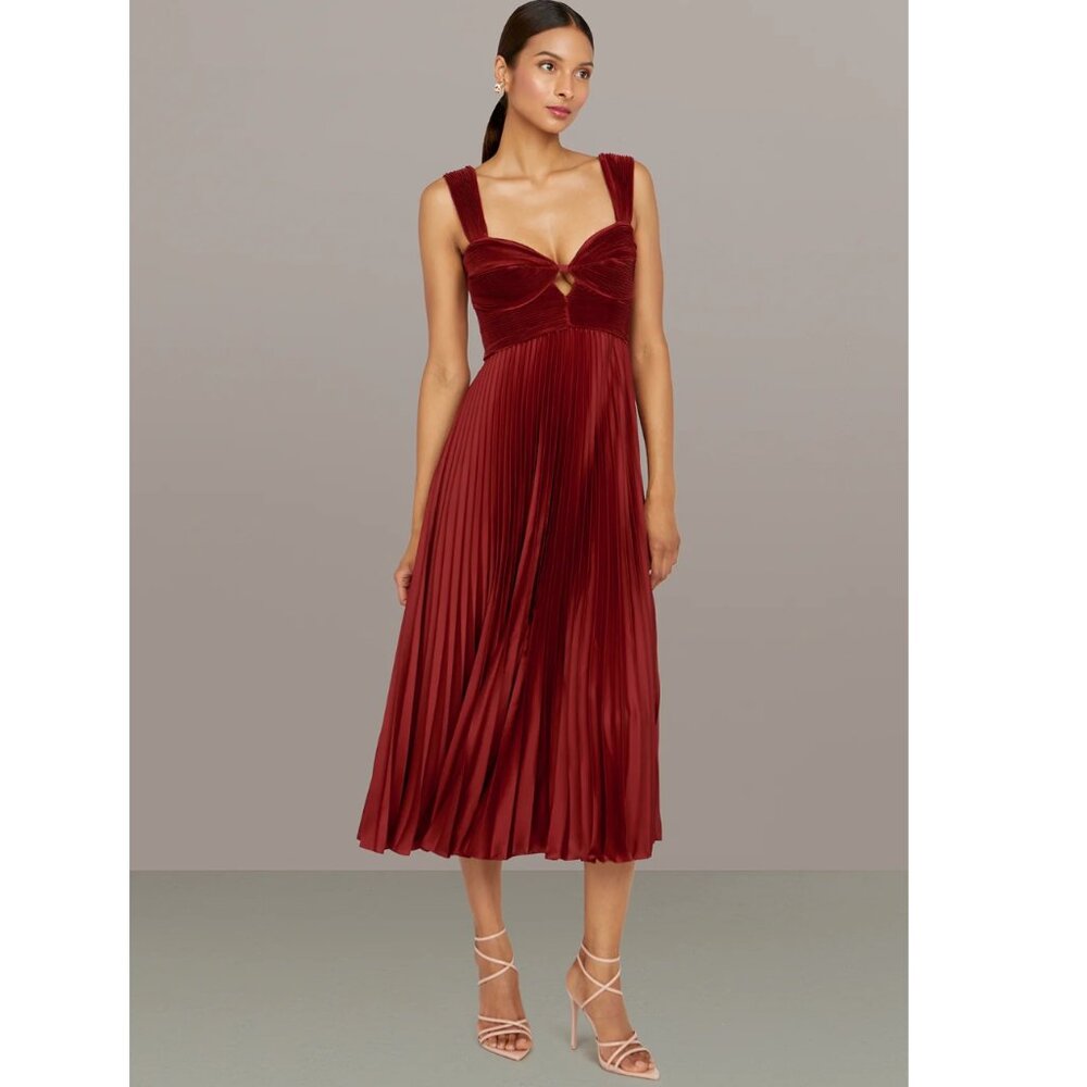 AMUR Wine Red Pleated Velvet Midi Dress